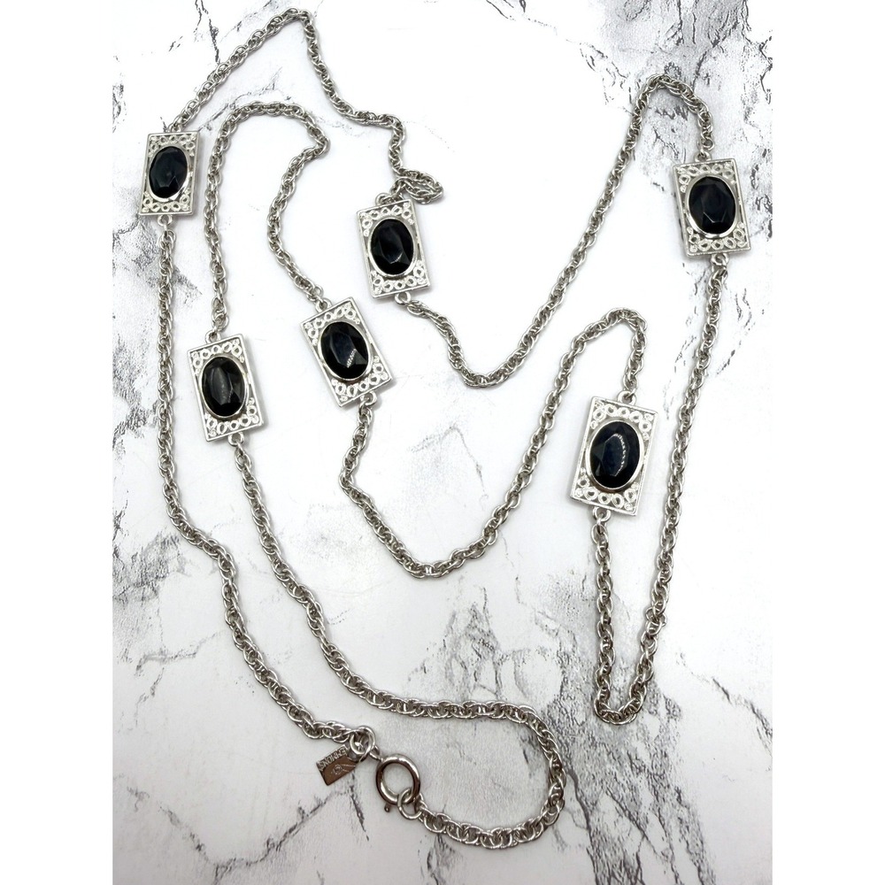 Vintage Emmons Long Necklace Black Faceted Silver Chain 44"‎ Statement